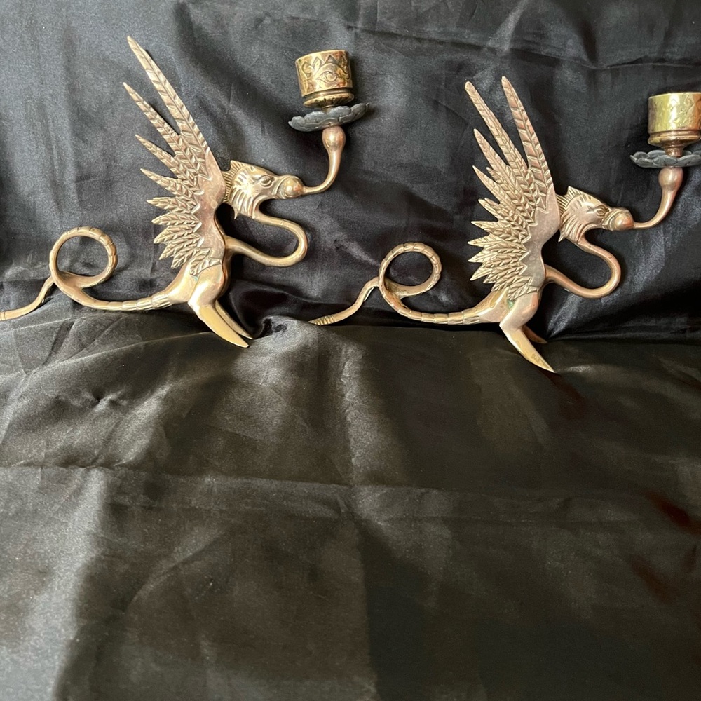 Griffin Gryphon Solid Antique Brass Phoenix Dragon candlestick holders. Unique